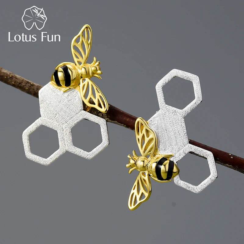 Lotus Fun 18K Gold Unusual Asymmetrical New Honeycomb and Bee Stud Earrings for Women Original Real 925 Sterling Silver Jewelry - Touchy Style