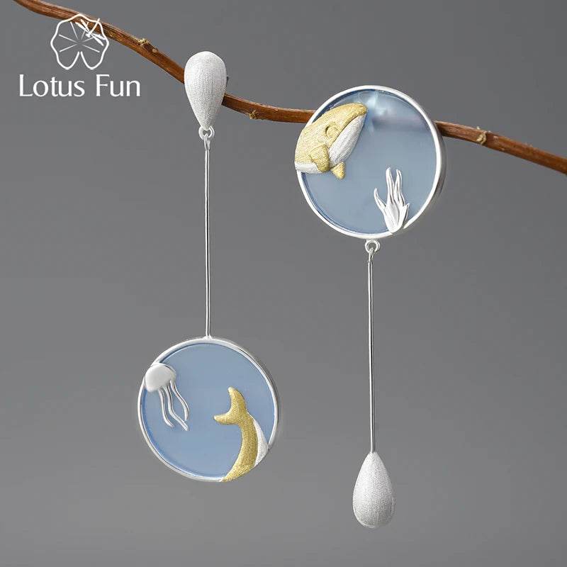 Lotus Fun Agate Exclusive Gemstone Underwater World Whale Asymmetrical Long Drop Earrings for Women 925 Sterling Silver Jewelry - Touchy Style