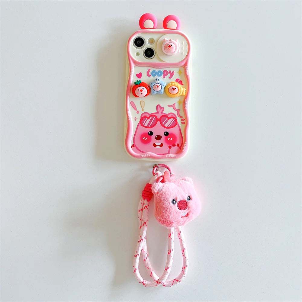 Cute 3D Cartoon Loopy Push-Pull Camera Phone Case for IPhone 16 15 Pro Max 14 Plus 13 12 Pro Max 11 with Strap Soft Back Cover