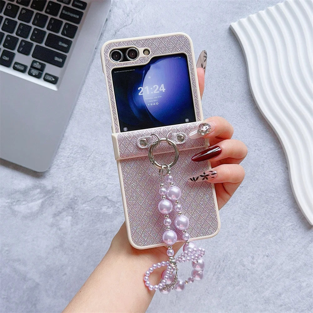 حافظات هواتف أنيقة لهاتف Galaxy Z Flip 5 3 4 - غطاء فاخر مرصع بأحجار الراين واللؤلؤ اللامع مع سلسلة معصم - C5220