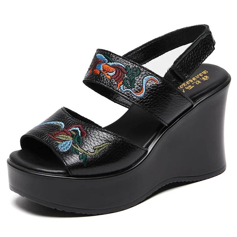 New Women Luxury Platform Wedge Sandals Cow Genuine Leather Summer Shoes Hollow Pumps Casual Breathable Leisure