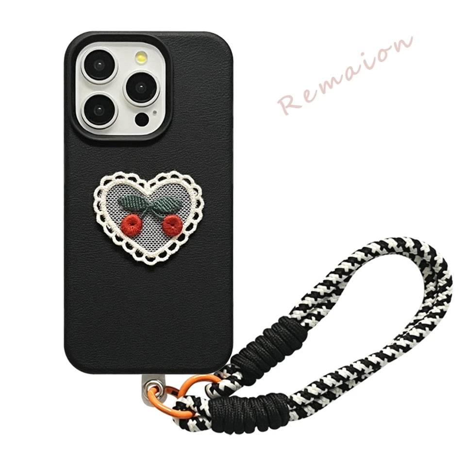 Pu Leather Cute Cherry Lace Phone Case For iPhone 15 14 13 12 11 16 Pro Max XS XR 7 8 Plus SE 2020 Protector Soft Candy Cover