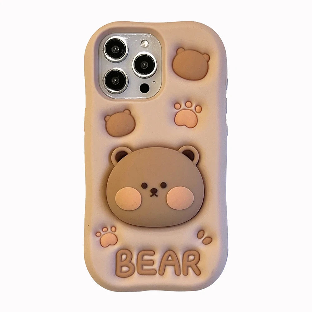 3D Bear Hidden Holder Cute Phone Case for iPhone 11, 12, 13, 14, 15 Pro Max, XS, XR, X, 7, 8 Plus