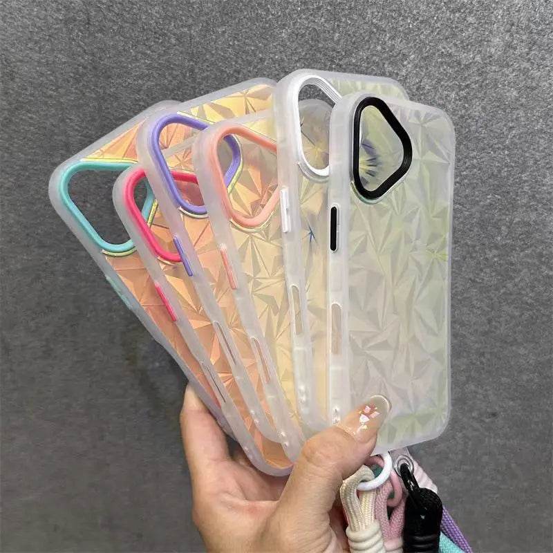 Wrist Strap Laser Diamond Pattern Case For iPhone 16 15 14 13 12 11 Pro Max Plus Dopamine Short Lanyard Shockproof Glitter Cover