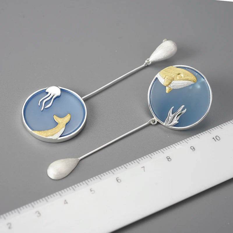Lotus Fun Agate Exclusive Gemstone Underwater World Whale Asymmetrical Long Drop Earrings for Women 925 Sterling Silver Jewelry - Touchy Style