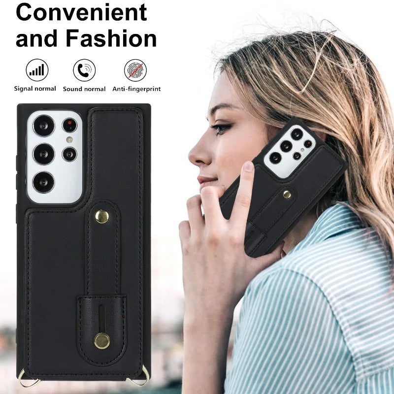 BCPC319 Leather Cute Phone Case for Galaxy S22 Ultra, S22 Plus, A54, 14, 34, 04, 13, 53, 52S, and M13 04S - Crossbody Card Slot