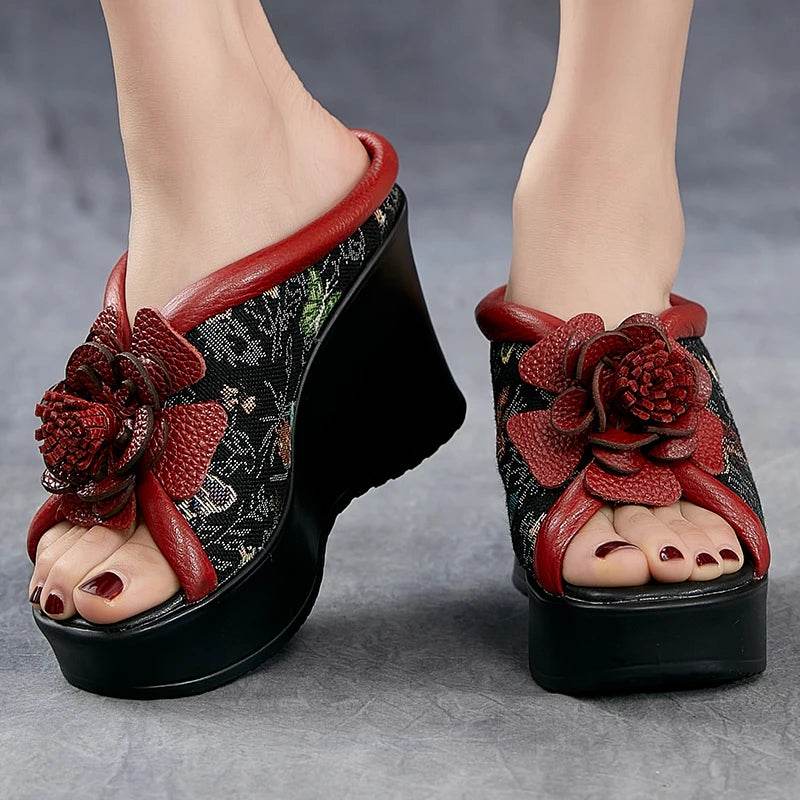 Ethnic Style Women Slippers Summer Embroider Flowers Wedges Open Toe Slippers Outside Genuine Leather Platform Slides - Touchy Style