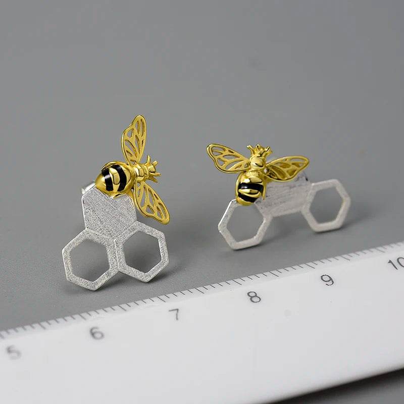 Lotus Fun 18K Gold Unusual Asymmetrical New Honeycomb and Bee Stud Earrings for Women Original Real 925 Sterling Silver Jewelry - Touchy Style