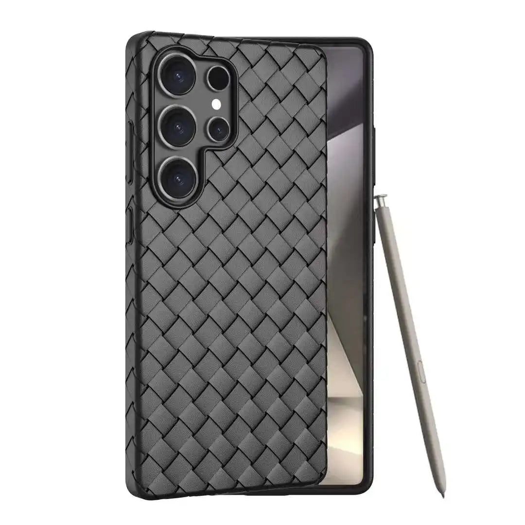 Luxury Leather Breathable Phone Case For Samsung Galaxy S25 Ultra Plus Weave Pattern Mesh Grid Heat Dissipation Cooling Cover