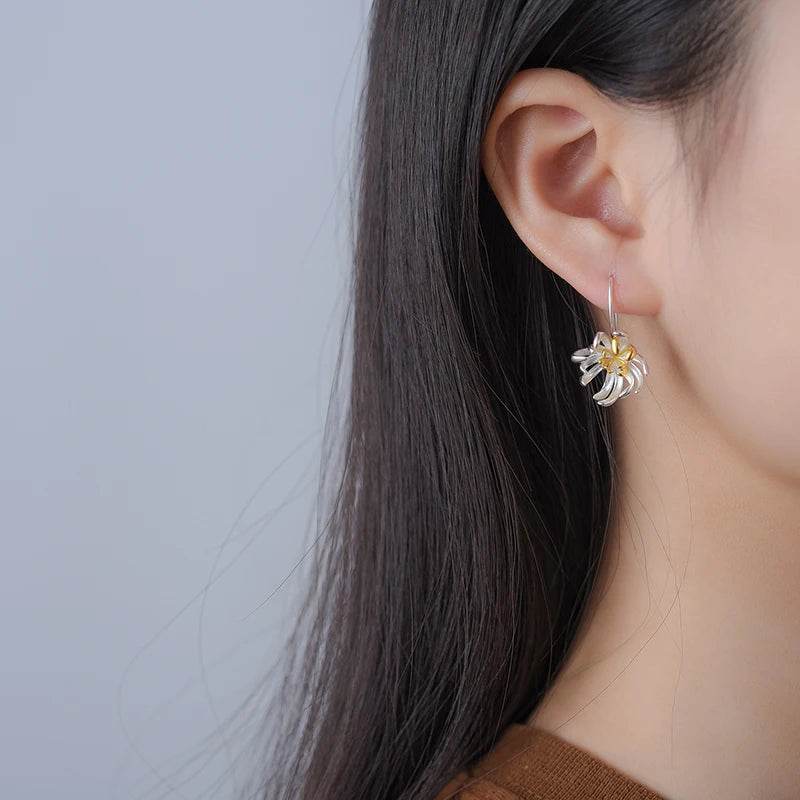 Lotus Fun Original 18K Gold Elegant Chrysanthemum Flower Dangle Earrings for Women Real 925 Sterling Silver Party Fine Jewelry - Touchy Style