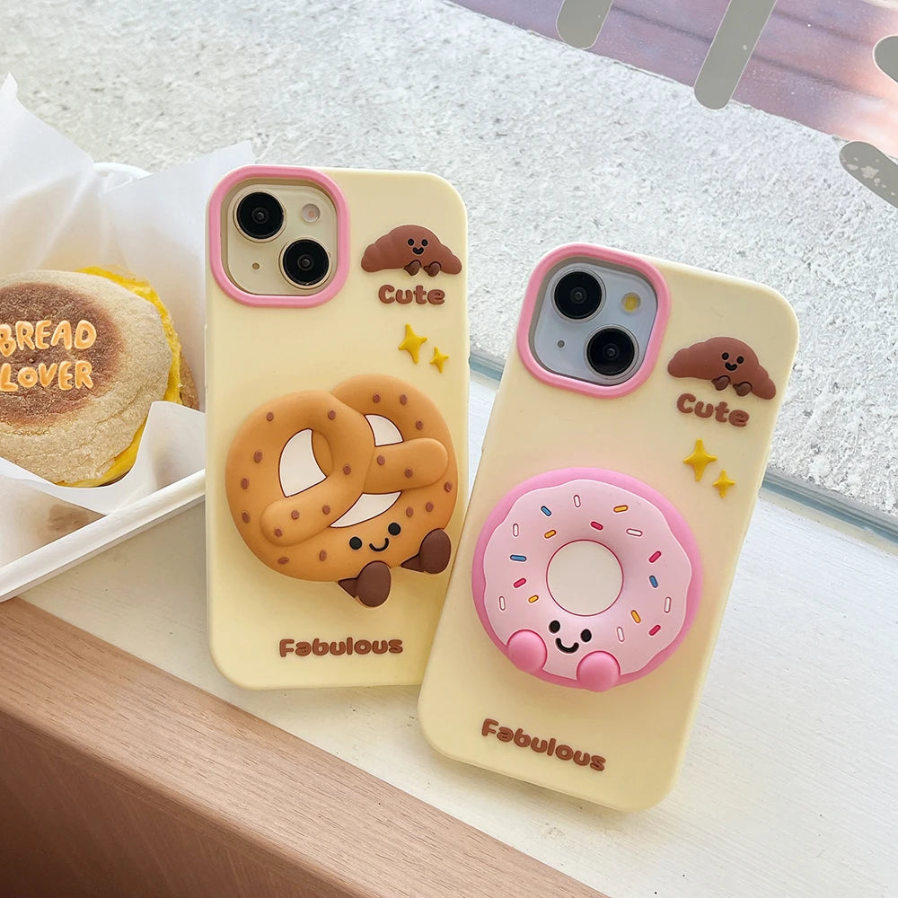 Cute Sweet Fabulous Donut Cookies Bread Cake Case For iPhone 16 15 14 Plus 13 12 Pro Max Soft Silicone Cover With Stand Holder