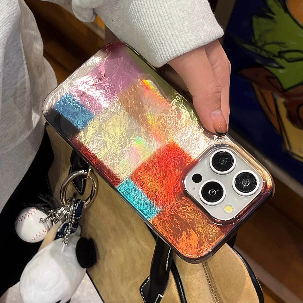 Vortex Pattern Color Grid Splicing Case For iPhone 16 Pro Max 15 14 13 12 Cover Cute Dopamine Color Block Match Plaid Soft Phone