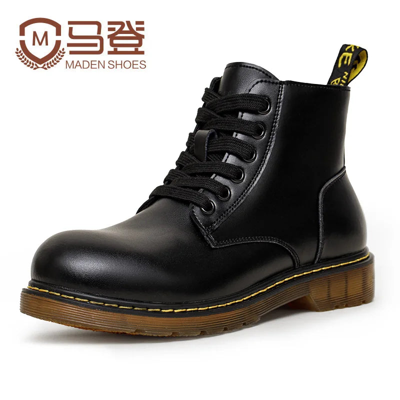 Maden Winter Couple Leather Boots Black High Top Snow Shoes Work Security Motorcycle Ankle Boots Unisex Hiking Safety Shoes