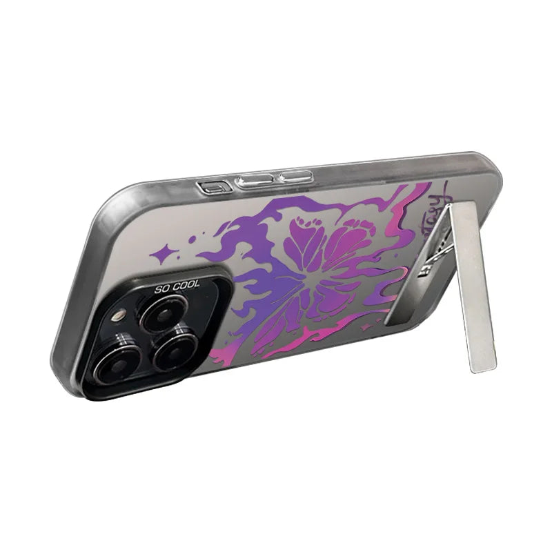 Purple Butterfly Phone Holder Case for iPhone 15 16 14 13 12 11 Pro Max X Xs Max XR 7 8 Plus Mini Luxury Aurora Stand Cover