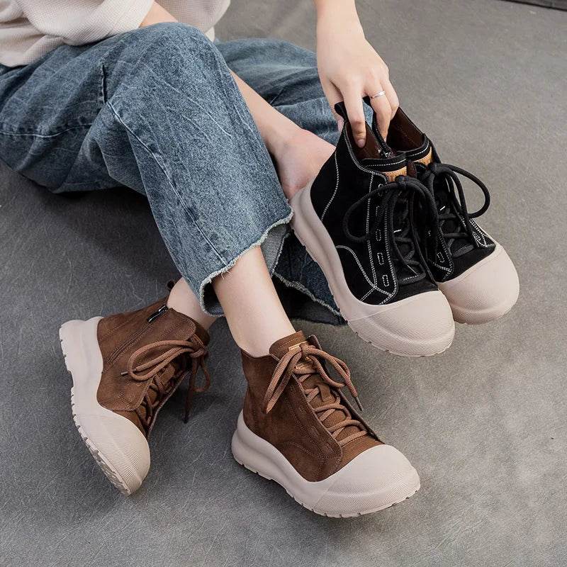 Autumn Retro Genuine Leather Short Boots Lace-Up High Top Comfortable Sneakers Thick Sole Platform Women&