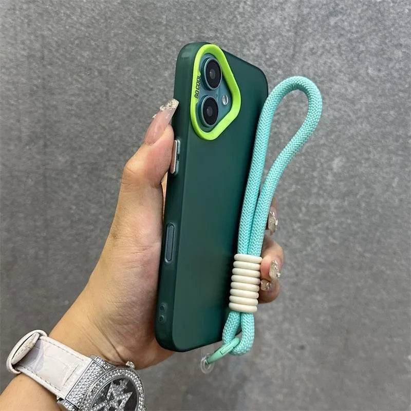 16e Silver IMD Metallic Aurora Matte Case For Phone 16 15 14 Pro Max 13 12 mini 11 16E Wristband Lanyard Slim Shockproof Cover - Touchy Style
