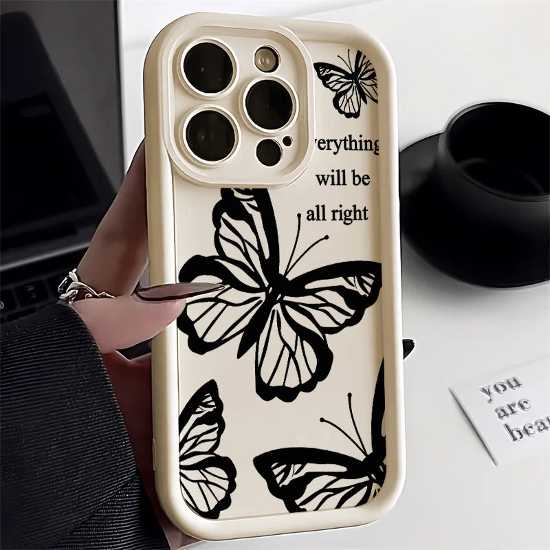 Cute Phone Cases For iPhone 16, 15 Pro Max, 14 Plus, 13, 12 Mini, 11 - Black Butterfly Graphic Printing Back Cover