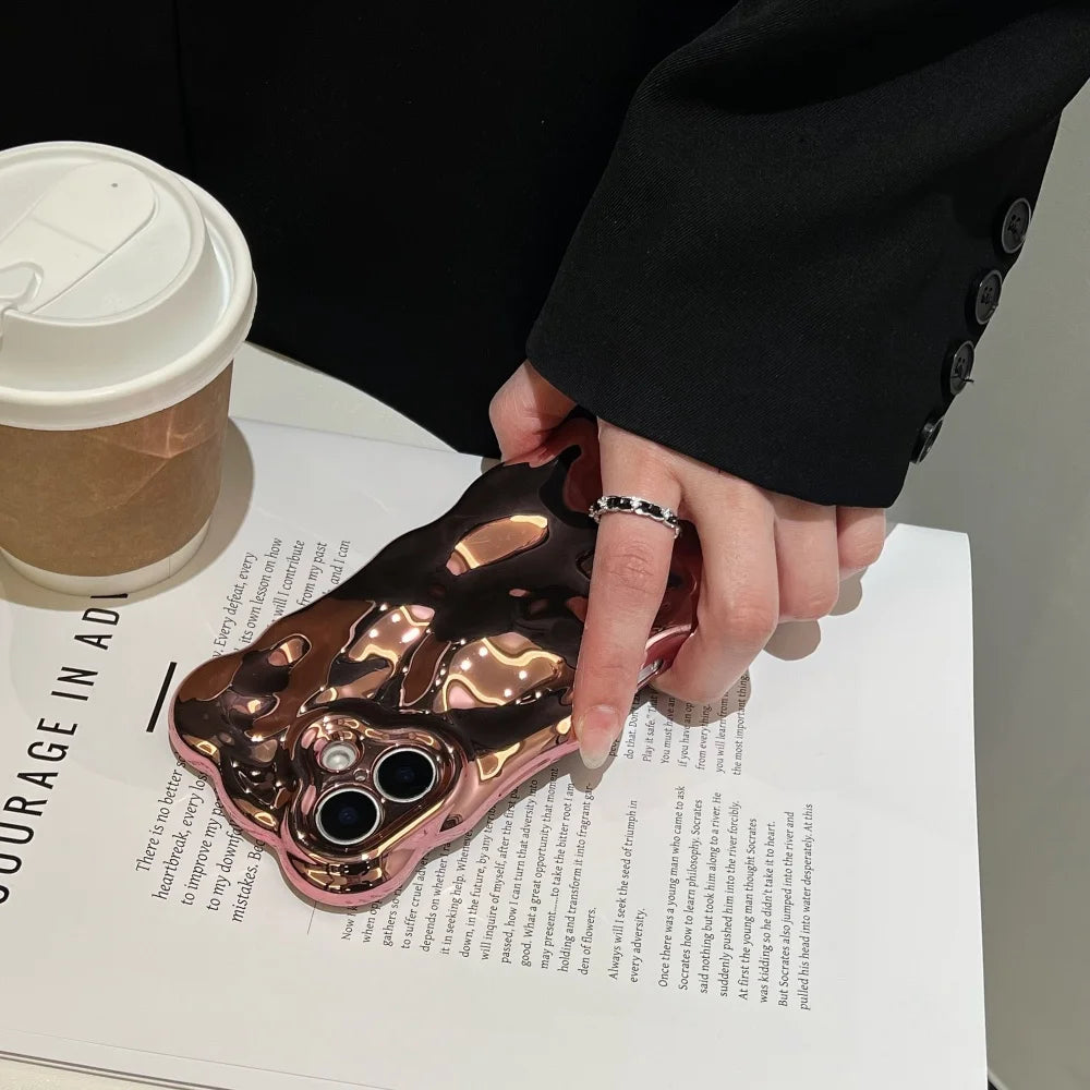 Luxury Curved Waves 3D Bubble Plating Glossy Phone Case For iPhone 16 15 Plus 14 13 12 Pro Max 11 Shockproof Soft Bright Cover