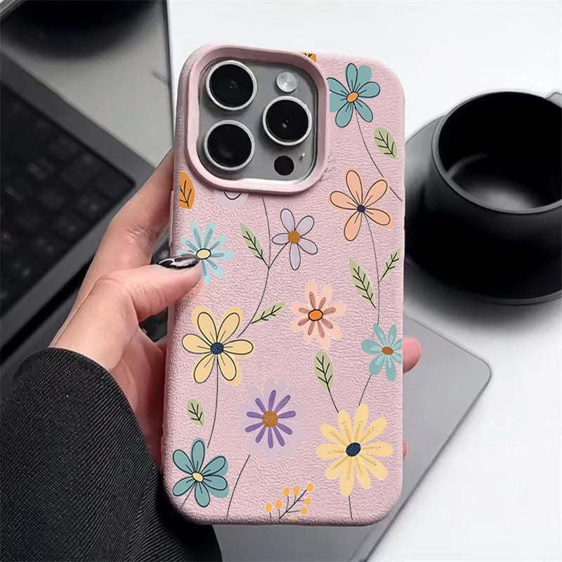 Luxury Leather Texture TPU Case For iPhone 16 15 14 13 12 Pro Max 13 15 Pro 11 Cartoon Flowers Pattern Soft Silicone Phone Cover - Cute Phone Cases
