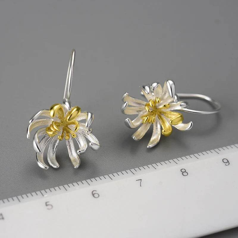 Lotus Fun Original 18K Gold Elegant Chrysanthemum Flower Dangle Earrings for Women Real 925 Sterling Silver Party Fine Jewelry - Touchy Style