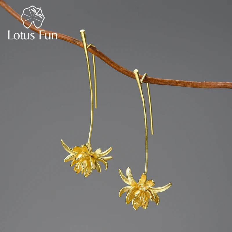 Lotus Fun 18K Gold Night-Blooming Cereus Flower Long Dangle Earrings for Women 925 Sterling Silver Original Luxury Fine Jewelry - Touchy Style