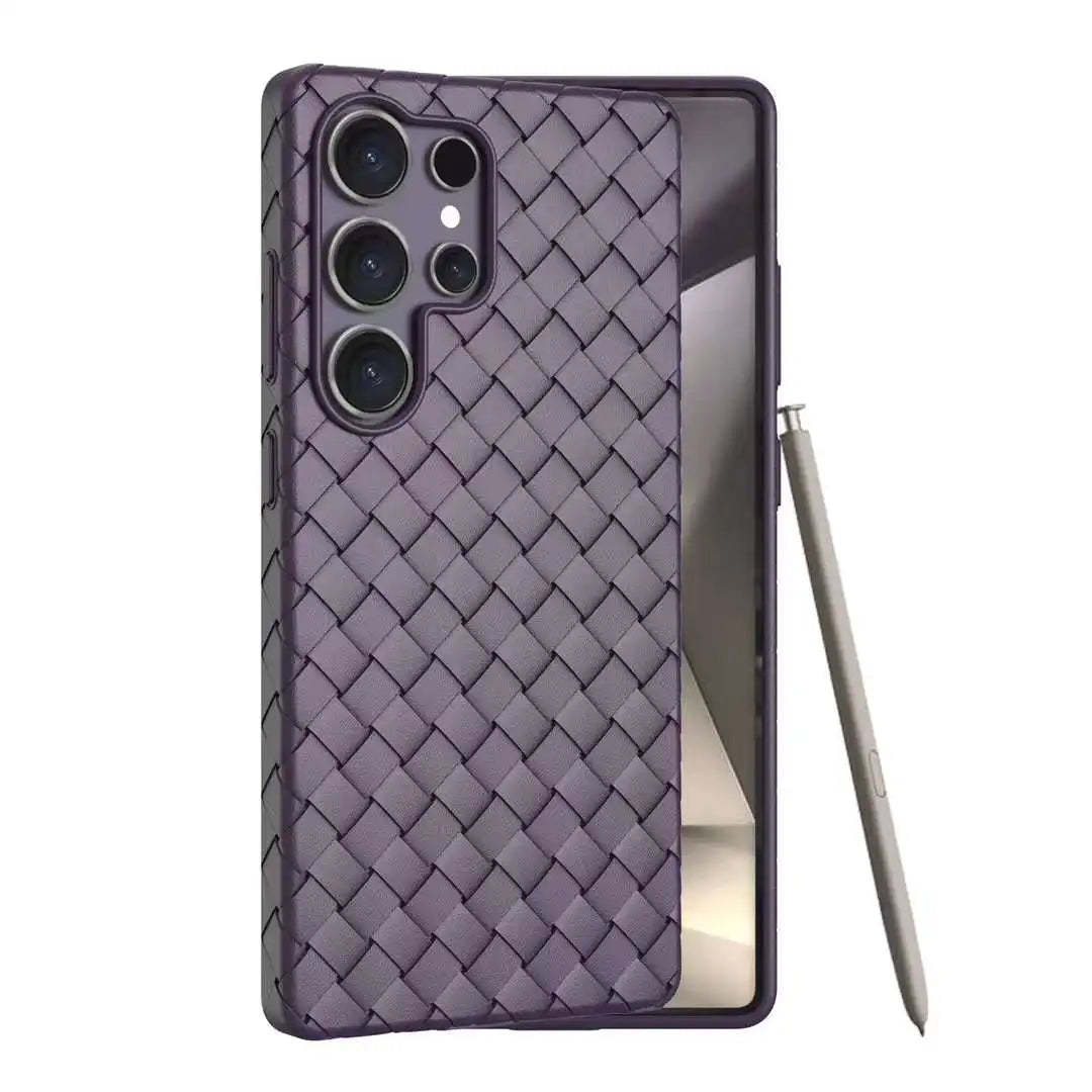Luxury Leather Breathable Phone Case For Samsung Galaxy S25 Ultra Plus Weave Pattern Mesh Grid Heat Dissipation Cooling Cover