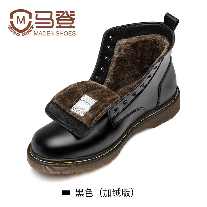 Maden Winter Couple Leather Boots Black High Top Snow Shoes Work Security Motorcycle Ankle Boots Unisex Hiking Safety Shoes