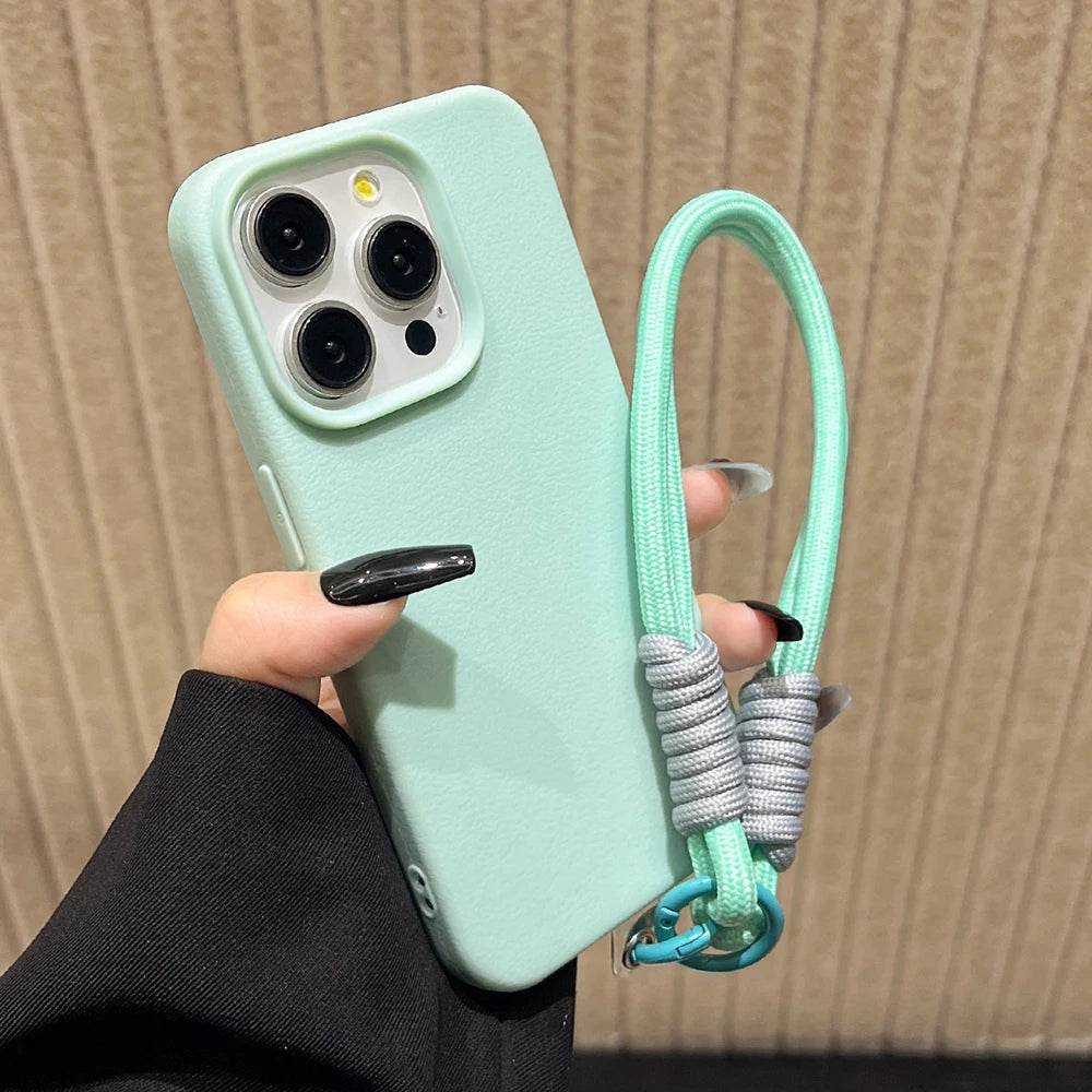 Lanyard Strap Rope Silicone Phone Case For iPhone 13 11 15 12 14 16 Pro Max Plus Soft Candy Color Lichee Pattern Leather Cover