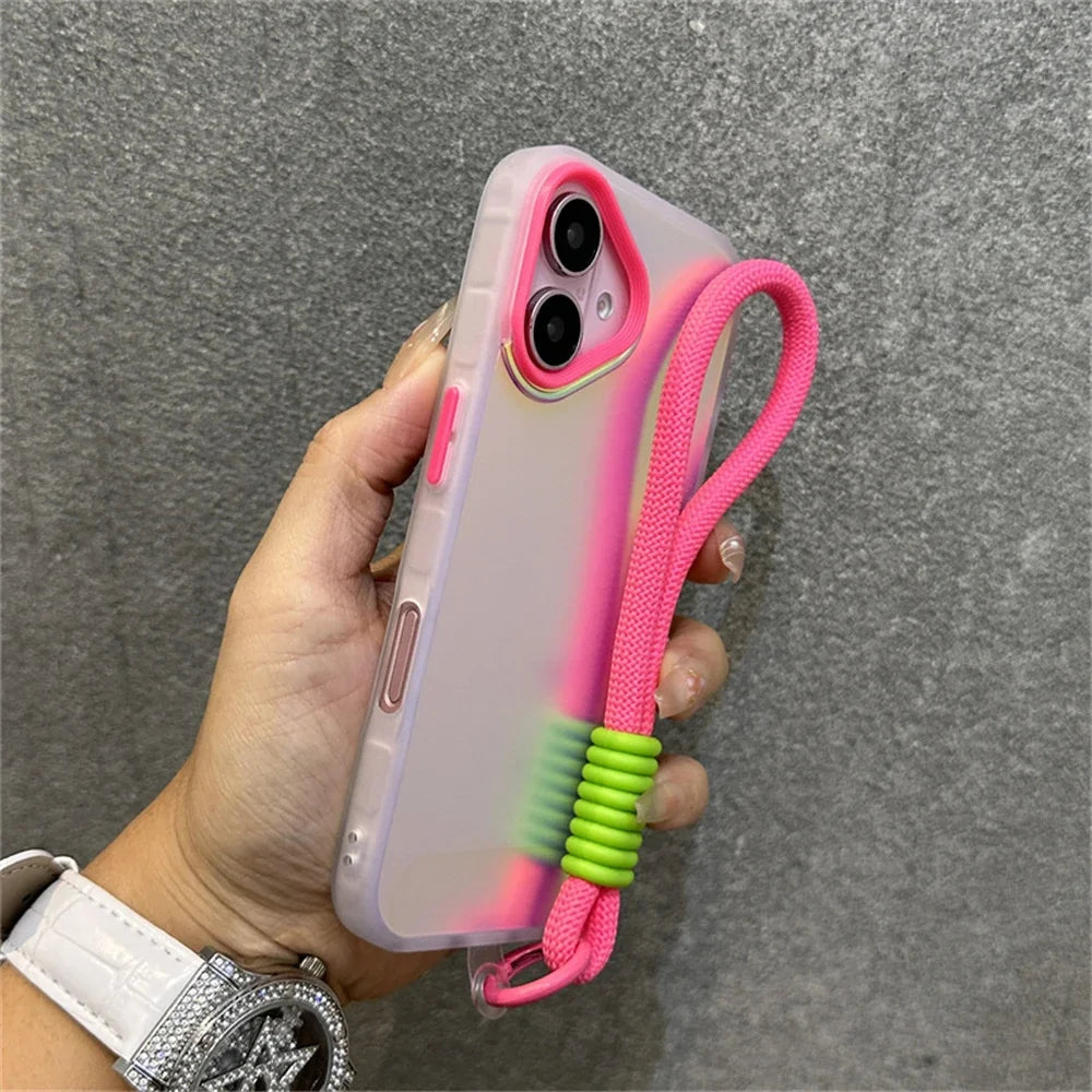 Glitter Laser Matte Wrist Strap Case For iPhone 16 15 14 13 12 11 Pro Max 8 7 Plus XR XS X SE Colorful Lanyard Shockproof Cover