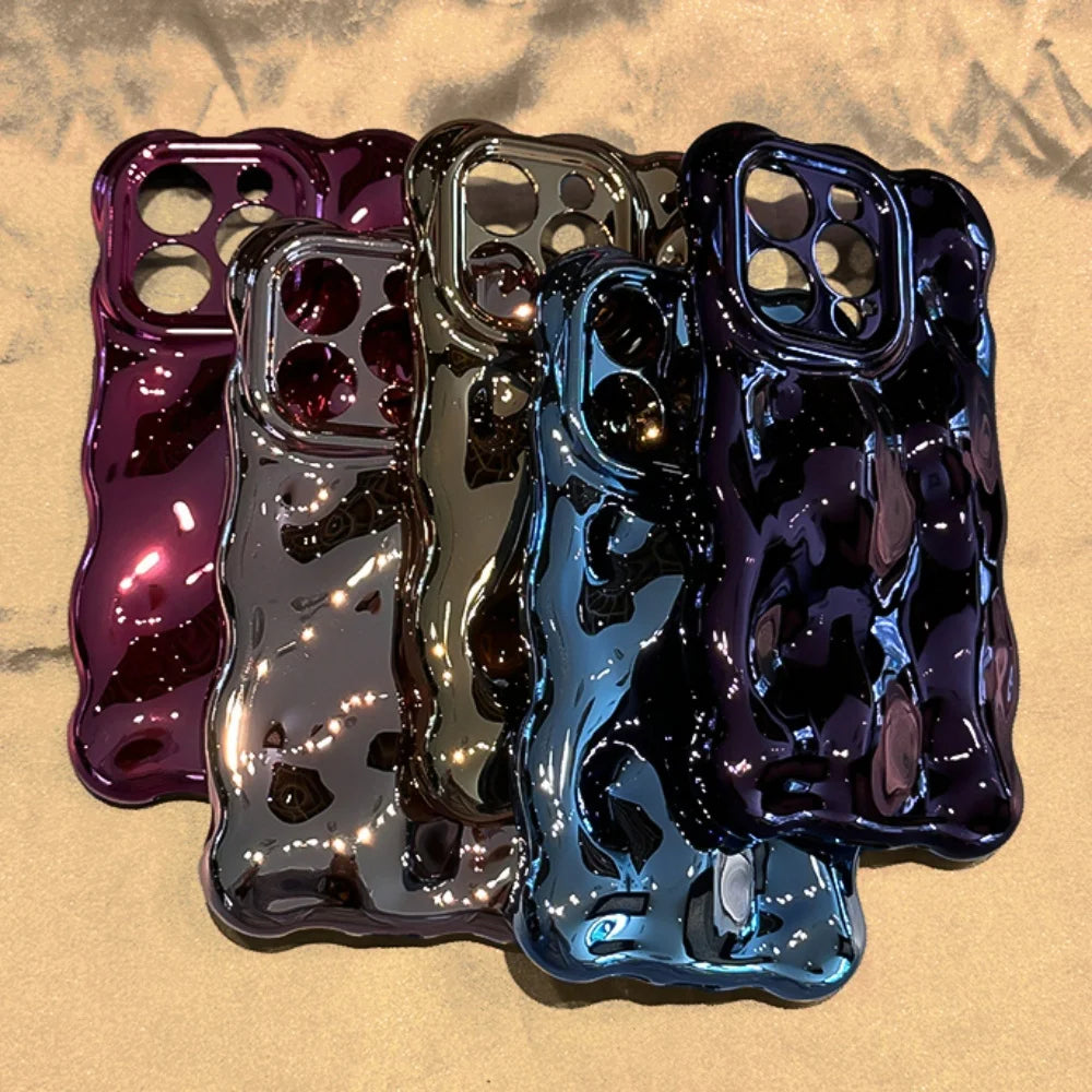 Luxury Curved Waves 3D Bubble Plating Glossy Phone Case For iPhone 16 15 Plus 14 13 12 Pro Max 11 Shockproof Soft Bright Cover