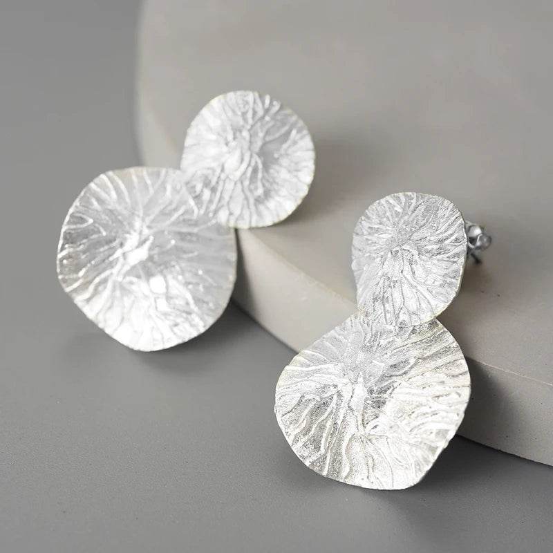 Lotus Fun Minimalism Round Vintage Double Lotus Leaves Dangle Earrings for Women Real 925 Sterling Silver Statement Fine Jewelry - Touchy Style