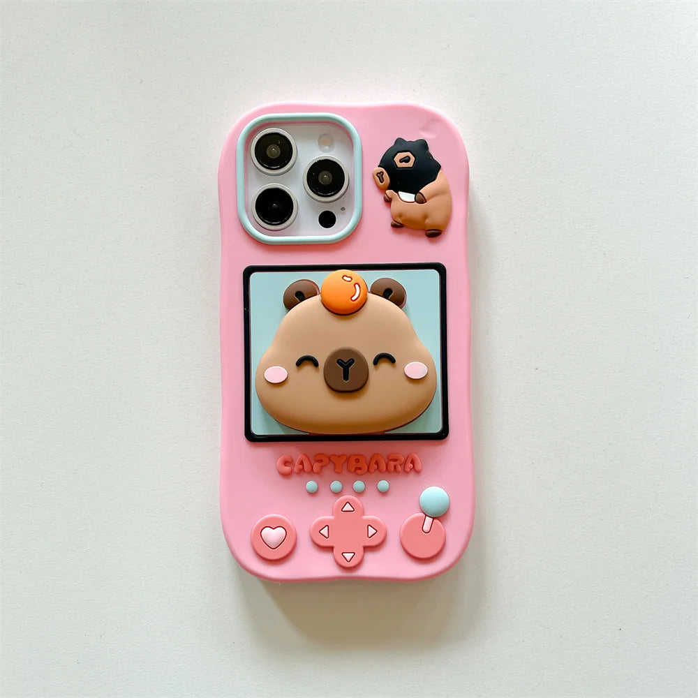 Lovely 3D Capybara Hidden Holder Stand Silicone Phone Case For iPhone 11 12 13 14 15 16 Pro Max Plus Cute Girl Cover