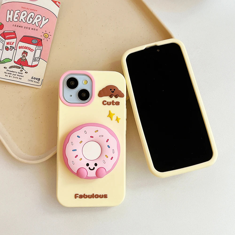 Cute Sweet Fabulous Donut Cookies Bread Cake Case For iPhone 16 15 14 Plus 13 12 Pro Max Soft Silicone Cover With Stand Holder