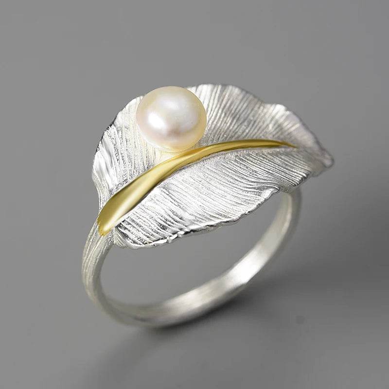 Lotus Fun 18K Gold Natural Pearl Adjustable Wedding New Leaf Rings for Women Real 925 Sterling Silver Dating Luxury Fine Jewelry - Touchy Style