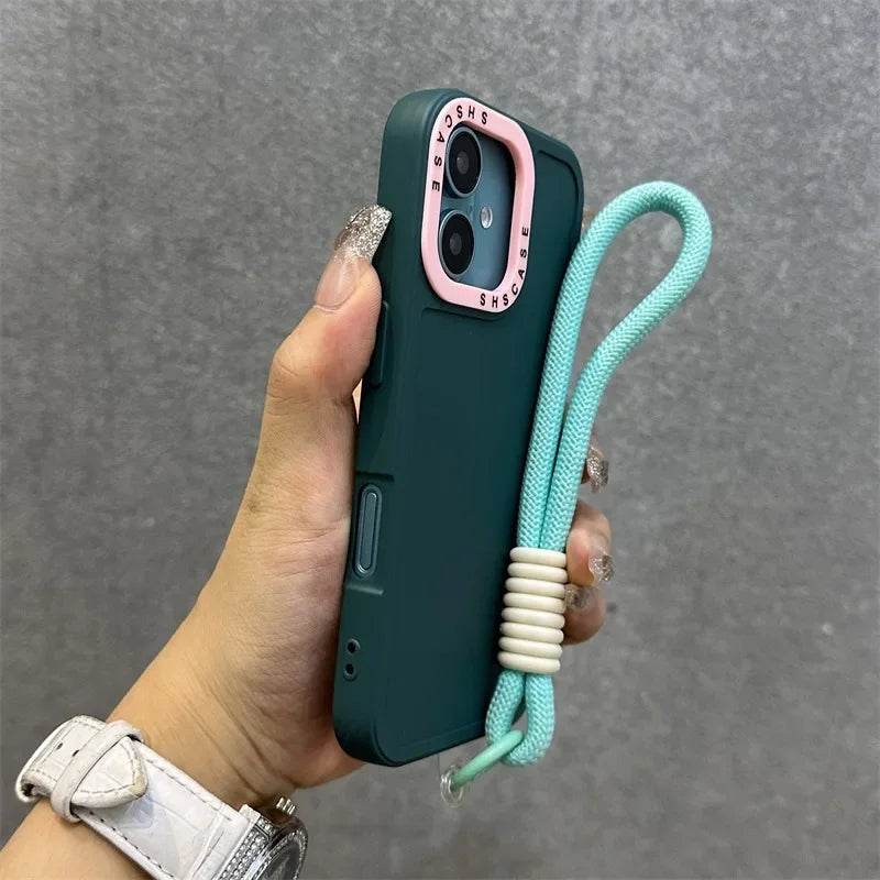 Collision Color Lens Protector Soft Case For iPhone 16 15 ProMax 14 Plus 13 12 11 Xs Max Xr X Luxury Wrist Strap Lanyard Cover
