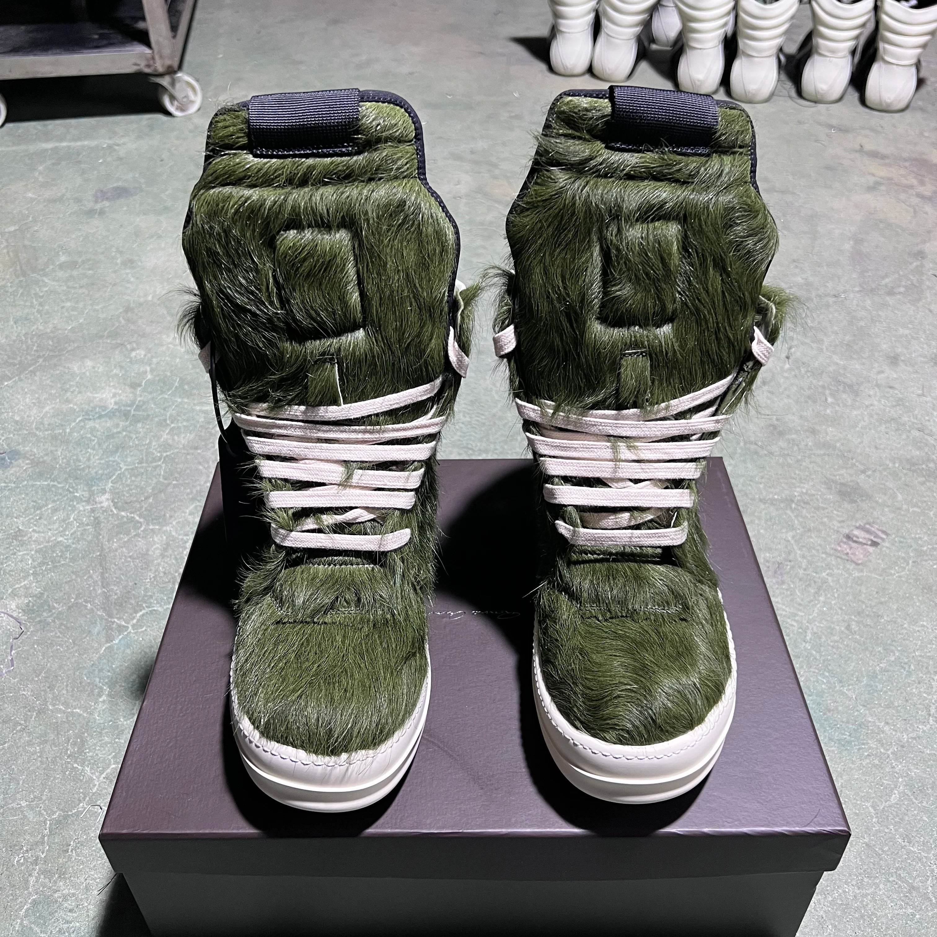 Brand Women Designer Ankle Boot Horse Fur Casual High Top Men Sneaker Leather Geobasket Army Green Zip Quality Thick-sole Shoe - Touchy Style