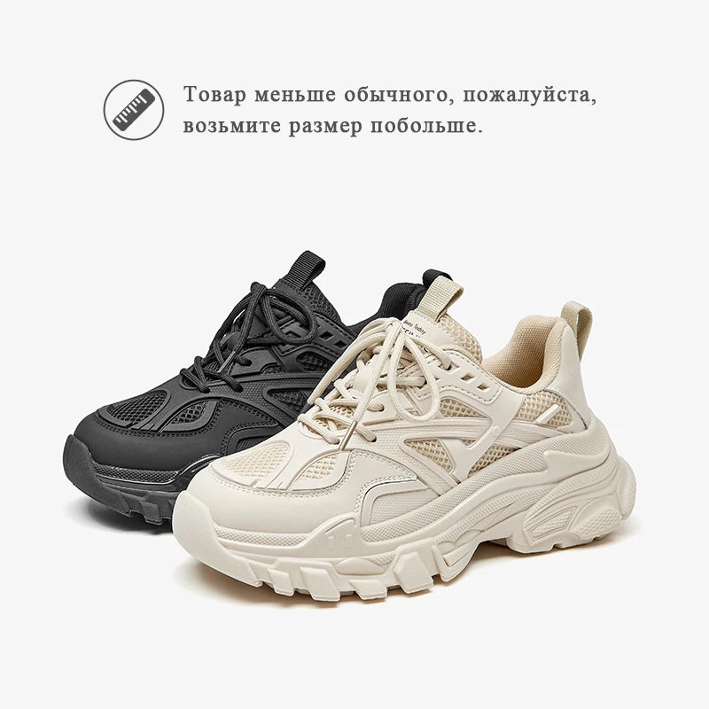 BeauToday Chunky Sneakers Women Synthetic Leather Mesh Patchwork Round Toe Lace-Up Thick Sole Ladies Sports Shoes Handmade 29448