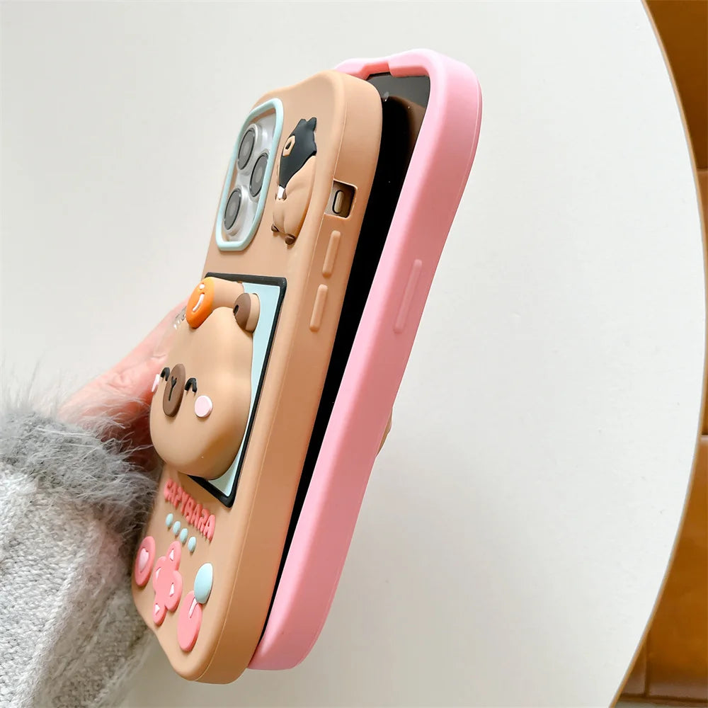 Lovely 3D Capybara Hidden Holder Stand Silicone Phone Case For iPhone 11 12 13 14 15 16 Pro Max Plus Cute Girl Cover