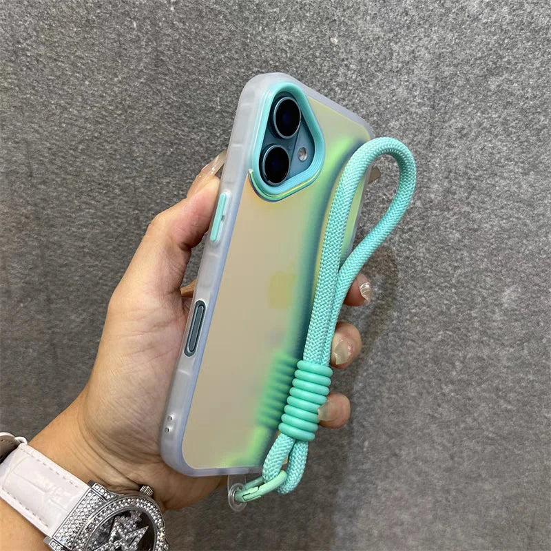 Glitter Laser Matte Wrist Strap Case For iPhone 16 15 14 13 12 11 Pro Max 8 7 Plus XR XS X SE Colorful Lanyard Shockproof Cover