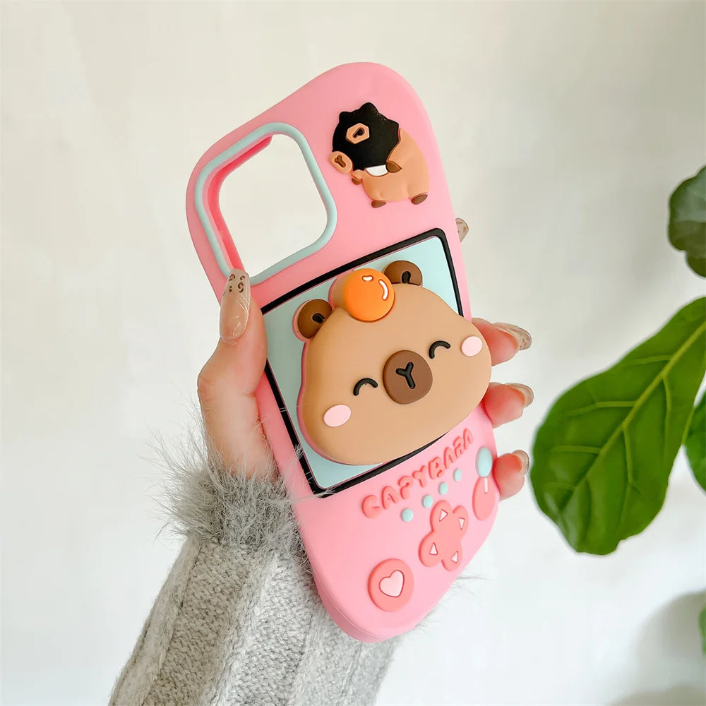 Lovely 3D Capybara Hidden Holder Stand Silicone Phone Case For iPhone 11 12 13 14 15 16 Pro Max Plus Cute Girl Cover