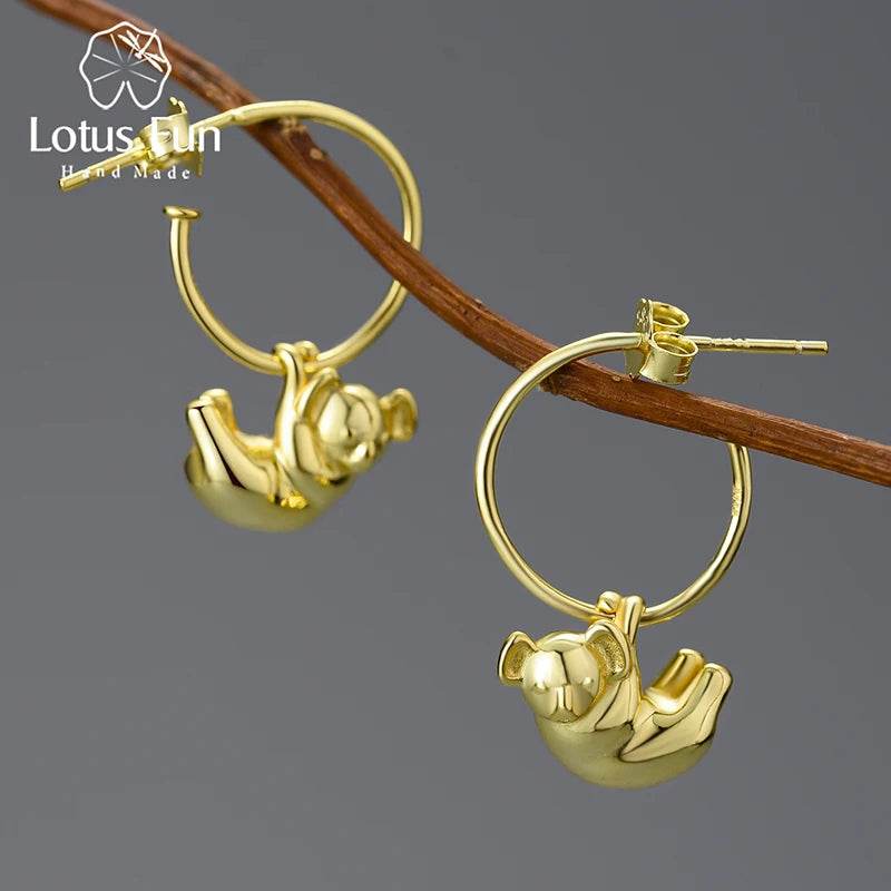 Lotus Fun 18K Gold Cute Koala Round Hoop Earrings for Women Gift Real 925 Sterling Silver Original Luxury Quality Fine Jewelry - Touchy Style