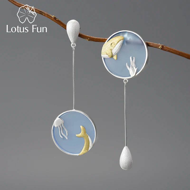 Lotus Fun Agate Exclusive Gemstone Underwater World Whale Asymmetrical Long Drop Earrings for Women 925 Sterling Silver Jewelry - Touchy Style
