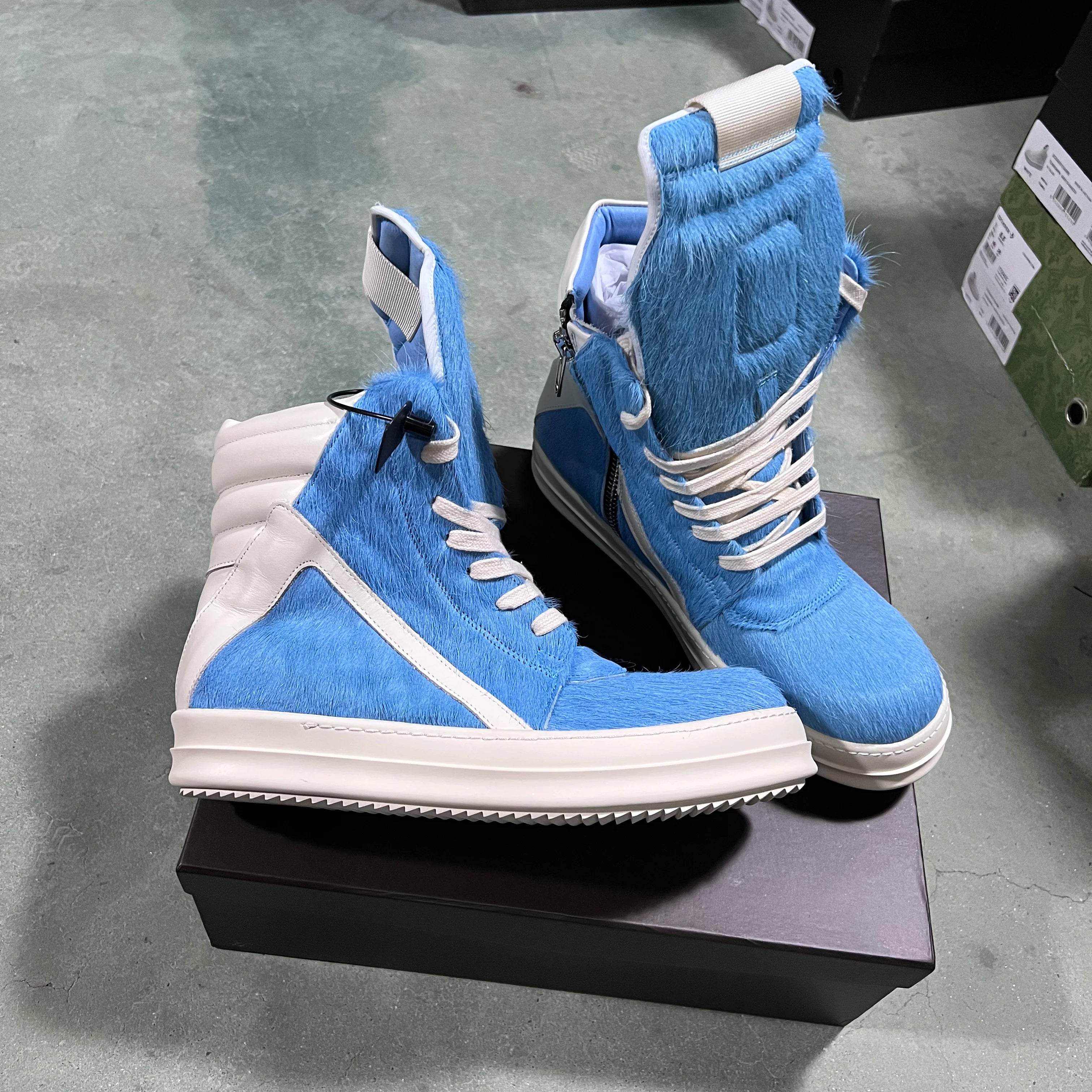 Brand Women Sneaker Horse Fur Casual Roman High Top Men Shoe Leather Geobasket Blue Zip Designer Quality Thick-sole Ankle Boot - Touchy Style