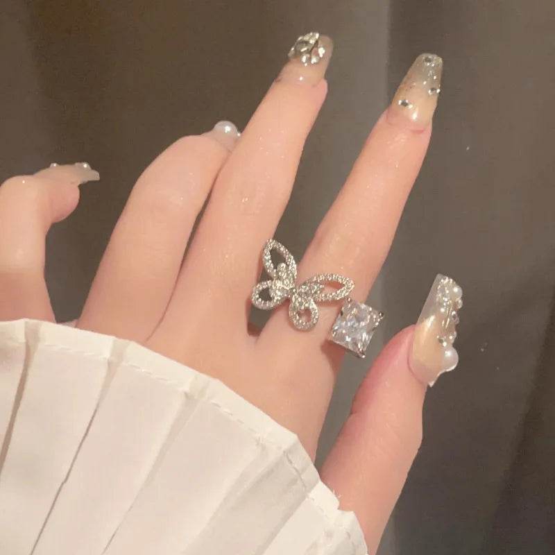 PANJBJ 925 Sterling Silver Butterfly Rings For Women Hollow Out Zircon Geometry Asymmetric Jewelry Gift Dropshipping - Touchy Style