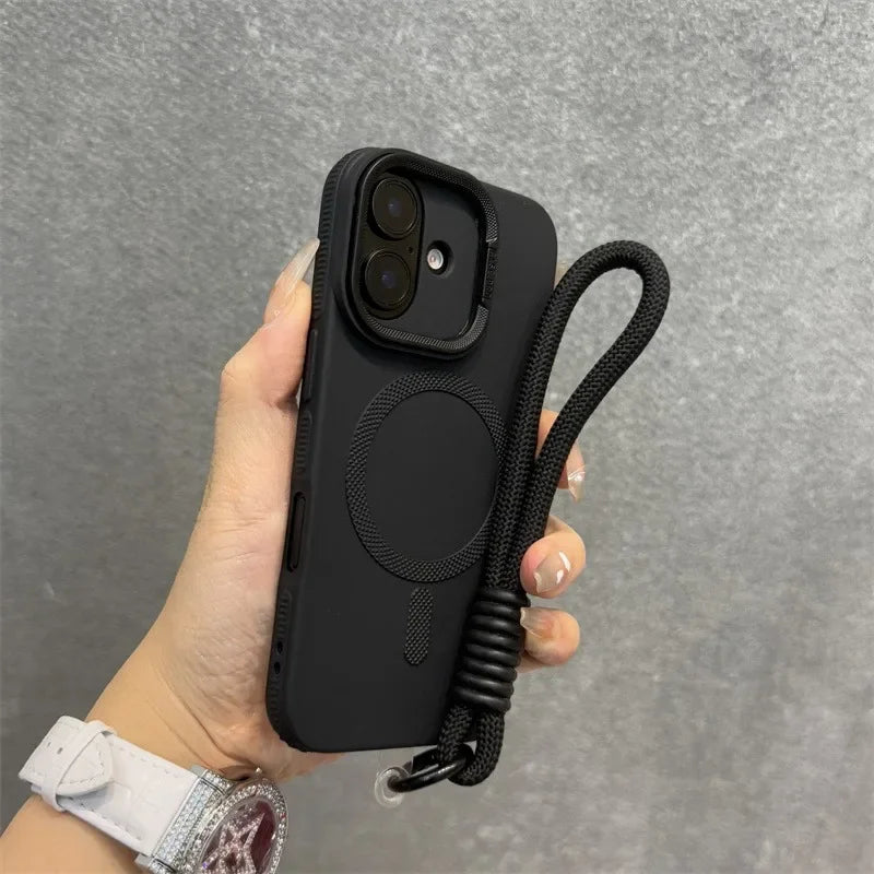 Luxury Camera Lens Stand Holder For Magsafe Case for iPhone 16 15 14 Plus 13 12 Pro Max 11 Matte Soft Lanyard Strap Band Cover