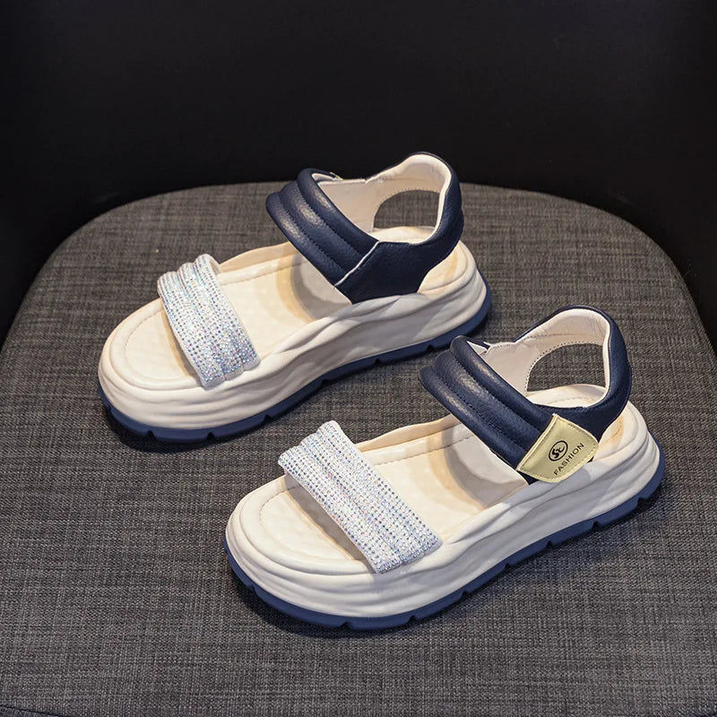 Genuine Leather Sandals Platform Wedges Women Open Toe Ladies Casual hook & loop Beach Summer Shoes