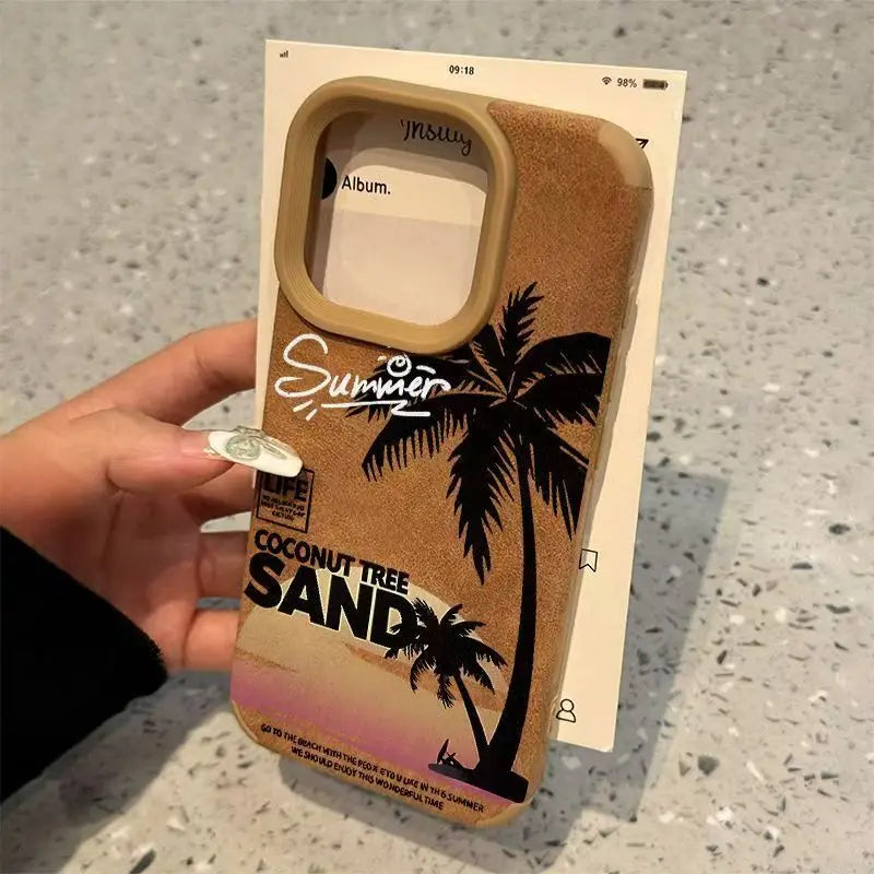Coconut Tree Pattern Design Shockproof Bonded Leather Phone Case For iPhone 16 Pro Max 15 14 Plus 13 12 11 XS Max XR X XS Cover
