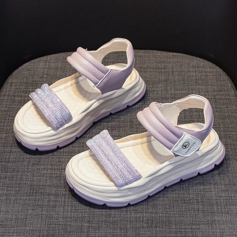 Genuine Leather Sandals Platform Wedges Women Open Toe Ladies Casual hook & loop Beach Summer Shoes
