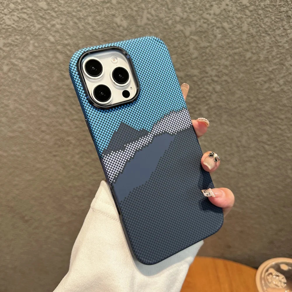 حافظات هواتف لطيفة لهاتف iPhone 16 و15 و14 و13 Pro Max - حامل معدني، نمط ألياف الكربون باللون الفضي الرملي - TSP413
