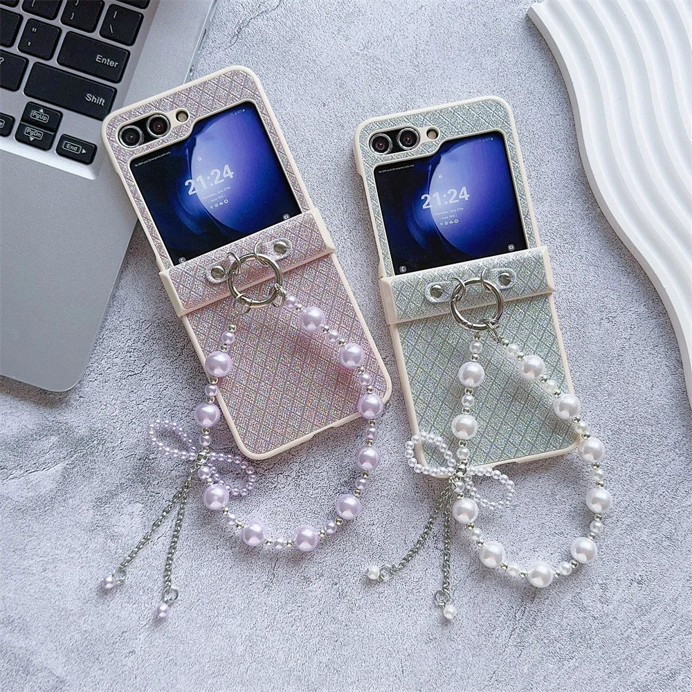 حافظات هواتف أنيقة لهاتف Galaxy Z Flip 5 3 4 - غطاء فاخر مرصع بأحجار الراين واللؤلؤ اللامع مع سلسلة معصم - C5220
